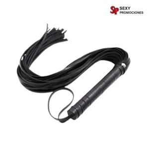 La imagen describe un látigo sexual sado bondage negro