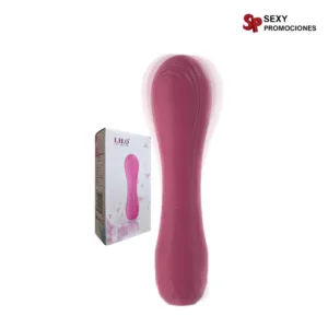 La imagen describe un vibrador de silicona tipo bala fucsia