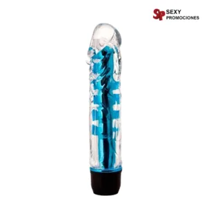 La imagen describe un vibrador de jelly flexible