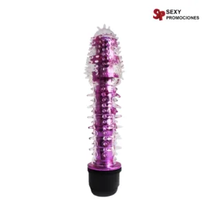 La imagen describe un vibrador de silicona con textura