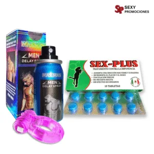 La imagen describe un combo potenciador retardante rojo y anillo vibrador 1