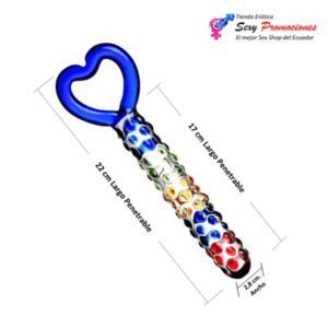 esta imagen describe las medidas de un consolador de vidrio corazón