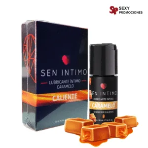 La imagen describe un lubricante sabor caramelo sensación caliente.