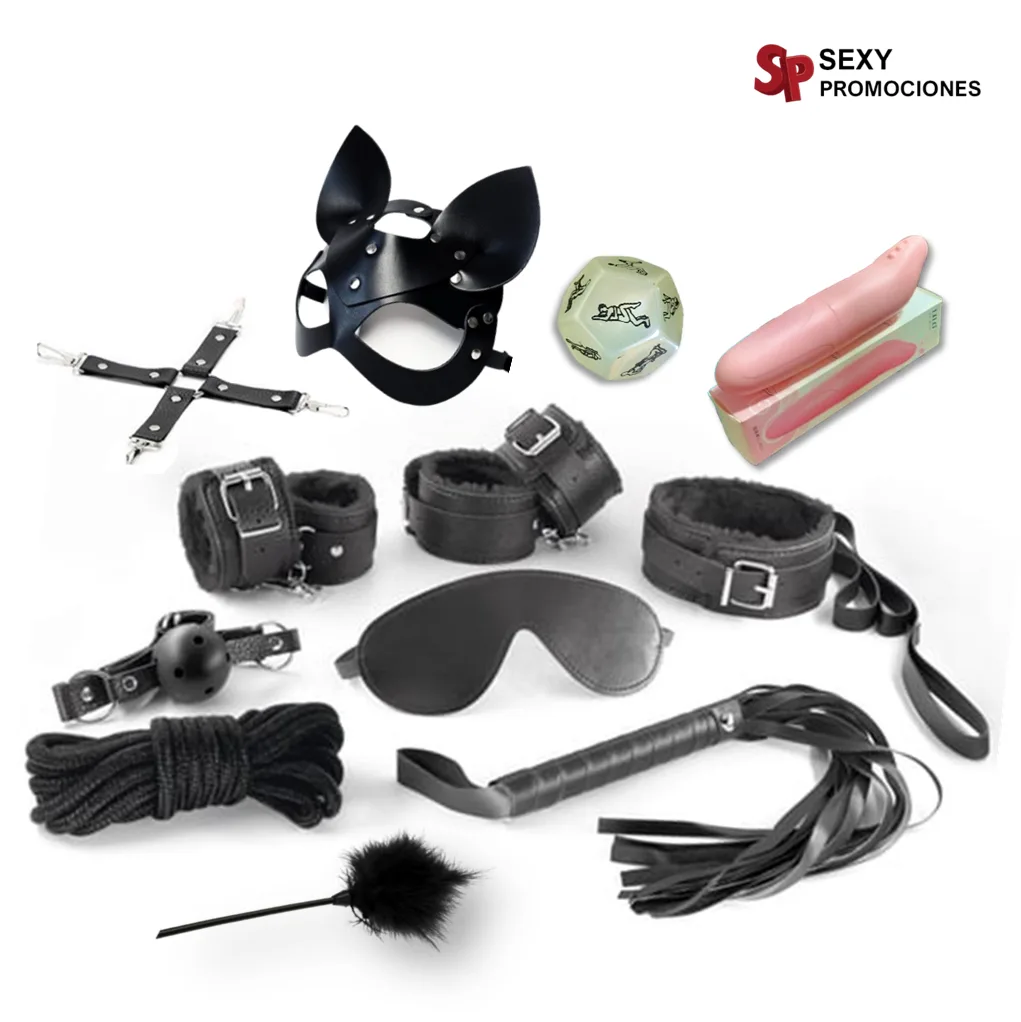 La imagen describe un kit bondage de12 piezas negro