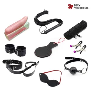 La imagen describe un kit bondage 9 piezas con pezoneras