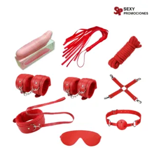La imagen describe un kit bondage 9 piezas con vibrador bdsm
