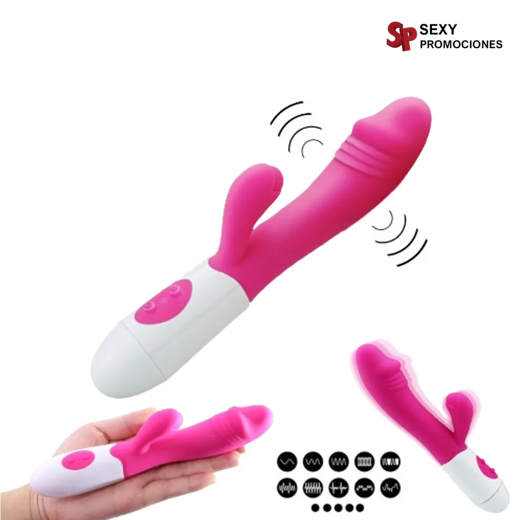 La imagen describe un vibrador doble estimulación rabbit teazer