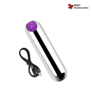 La imagen describe una bala recargable afrodita color plateada