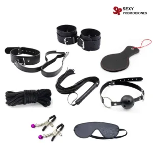 La imagen describe un kit bondage 8 piezas negro