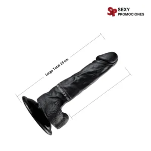 La imagen describe las medidas de un Consolador Realista Lances Negro Medidas