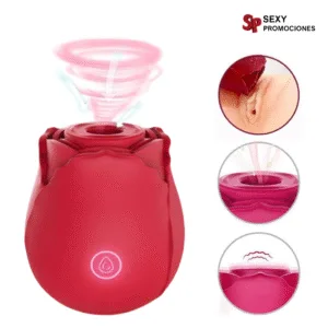 La imagen describe un vibrador succionador rosa