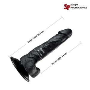 La imagen describe las medidas de un consolador realista lances negro