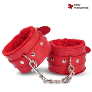La imagen describe unas esposas de cuero afelpadas bondage roja