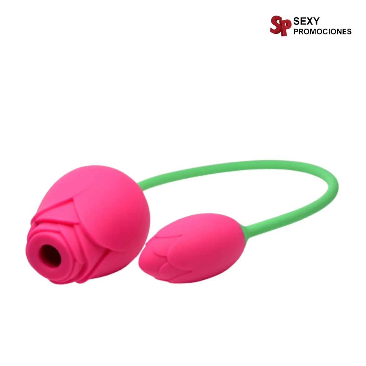 La imagen describe una rosa mía estimulador de clítoris con bala vibradora y doble uso