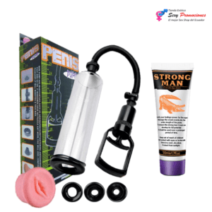 La imagen representa una bomba de vacío agranda pene penis pump mas crema Strong man