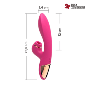 La imagen describe las medidas de un vibrador con succionador de clítoris bony 1