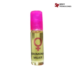 La imagen describe un frasco de Feromona roll on mujer en presentación de 8 ml