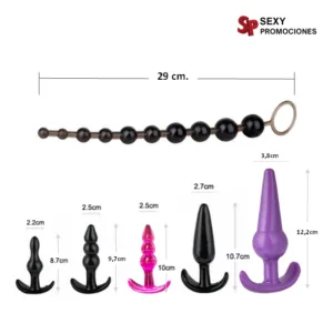 La imagen describe las medidas de un kit anal roky juguete sexual