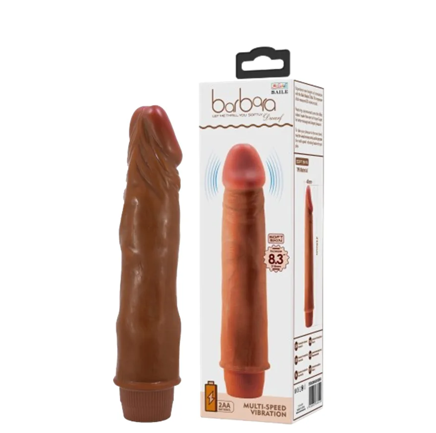 La imagen describe la caja y presentación de un vibrador realista urano