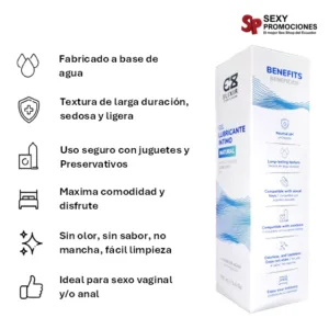 La imagen describe las características de un gel lubricante íntimo natural elixir