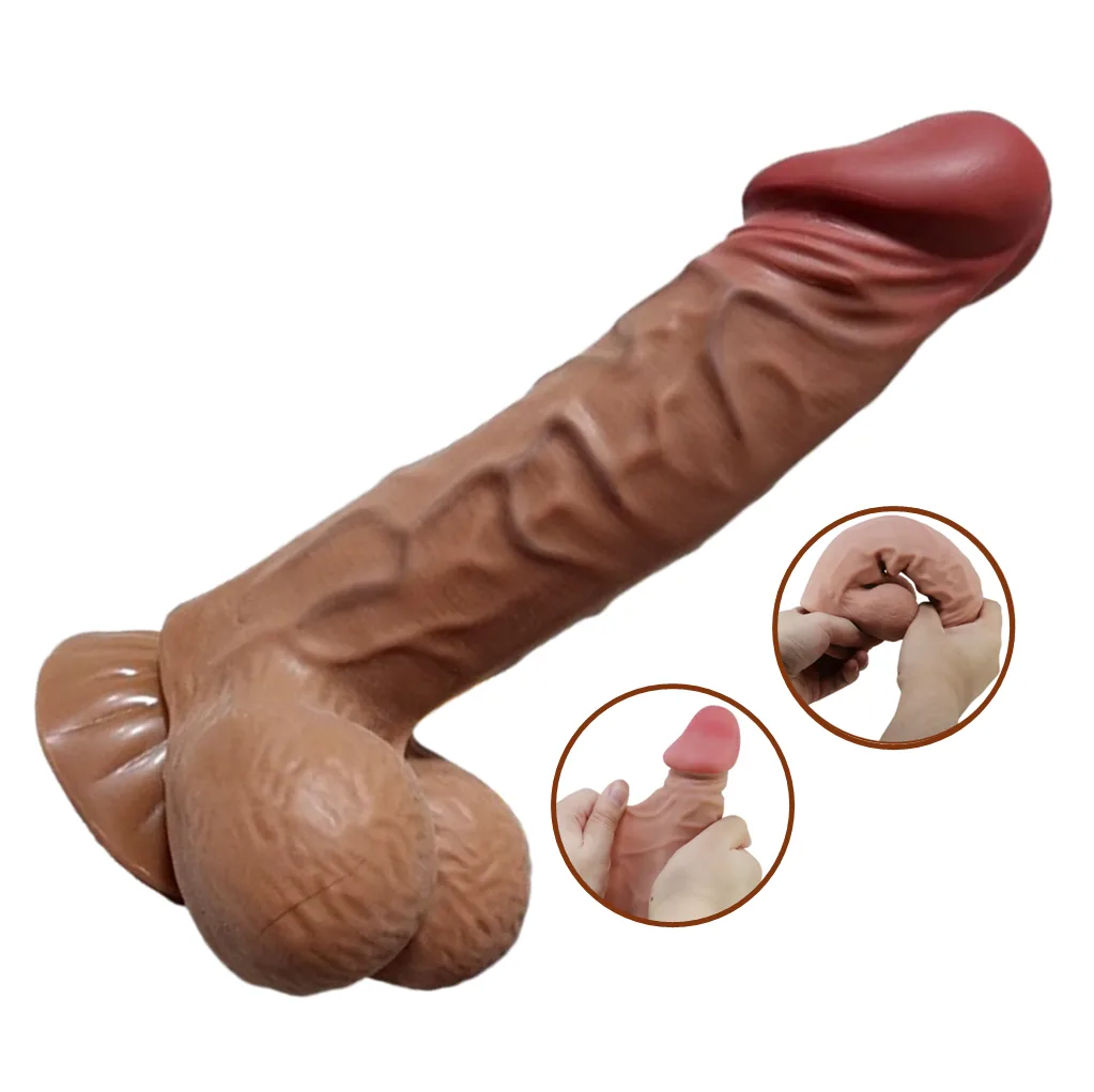 La imagen describe un consolador realista taurus color café