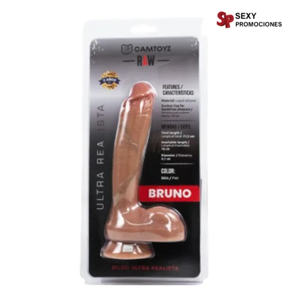 La imagen representa el empaque de un consolador realista bruno