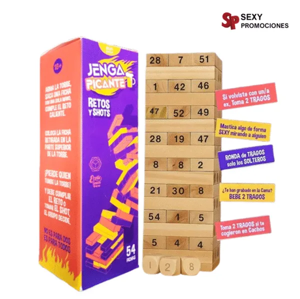 La imagen representa un juego jenga picante en venta, juego de mesa para parejas