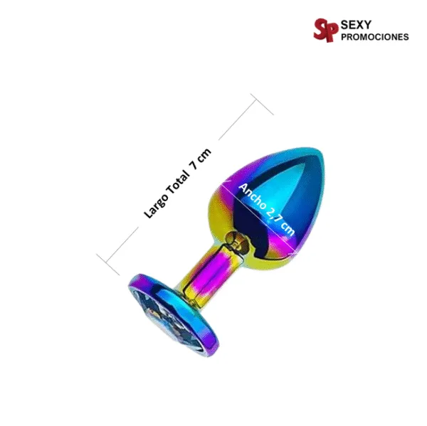 La imagen describe las medidas de un plug anal metálico tornasol talla S