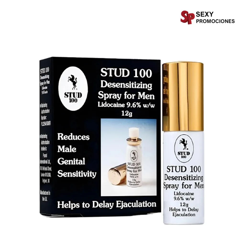 La imagen describe un retardante sexual en spray stud 100