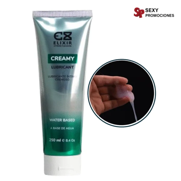 La imagen describe un lubricante tipo semen Elixir
