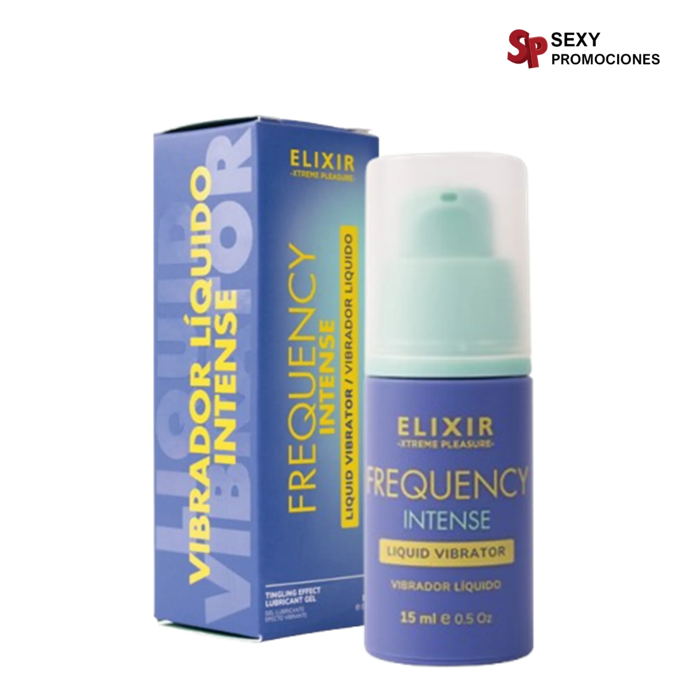 La imagen describe un frecuency intense vibrador liquido