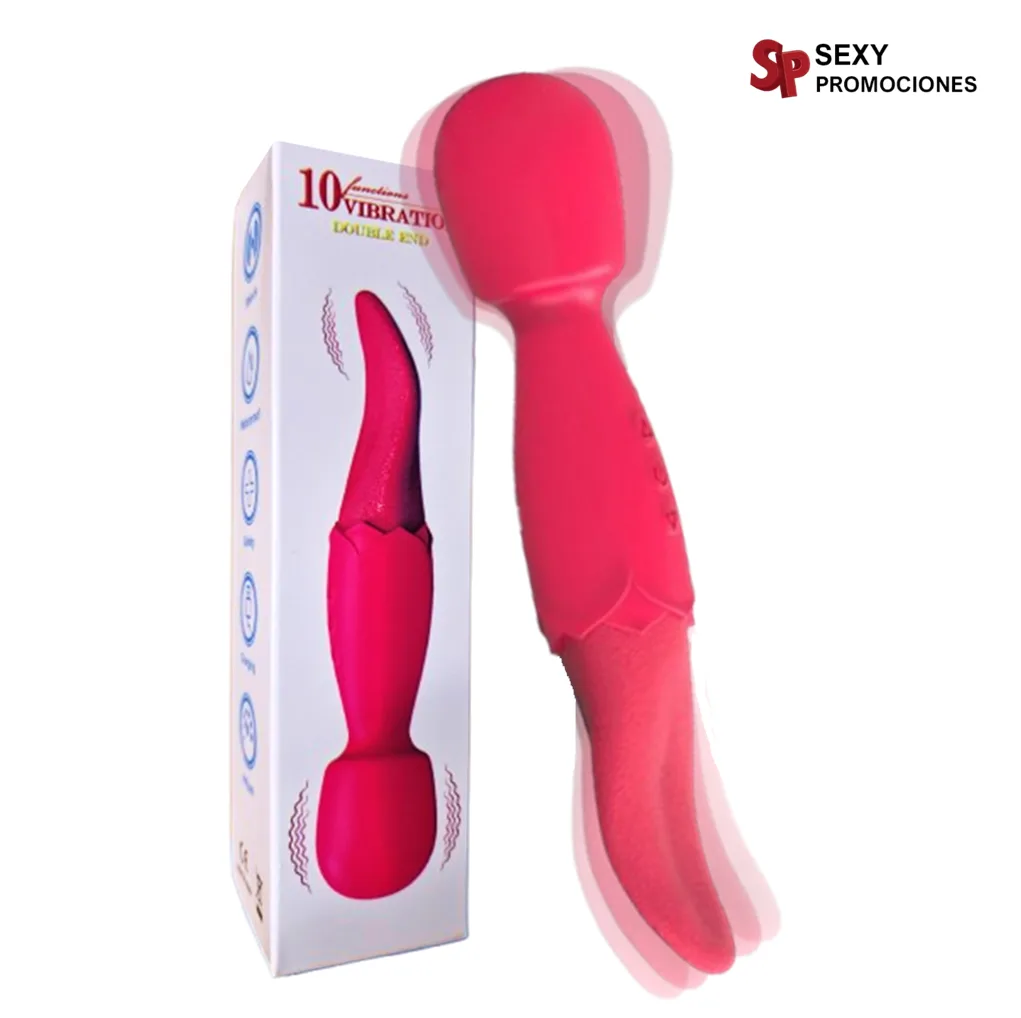 La imagen describe un vibrador lengua de doble uso