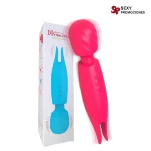 La imagen describe un vibrador lengua doble uso fucsia