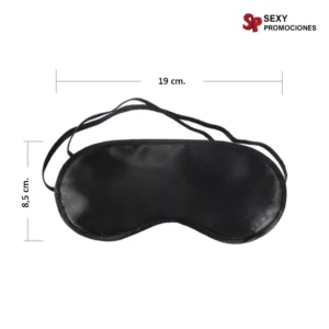 La imagen describe las medidas de un antifaz tapa ojos satín bdsm bondage