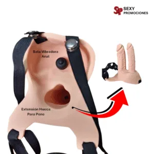 La imagen describe las partes de un arnes realista hueco jivai