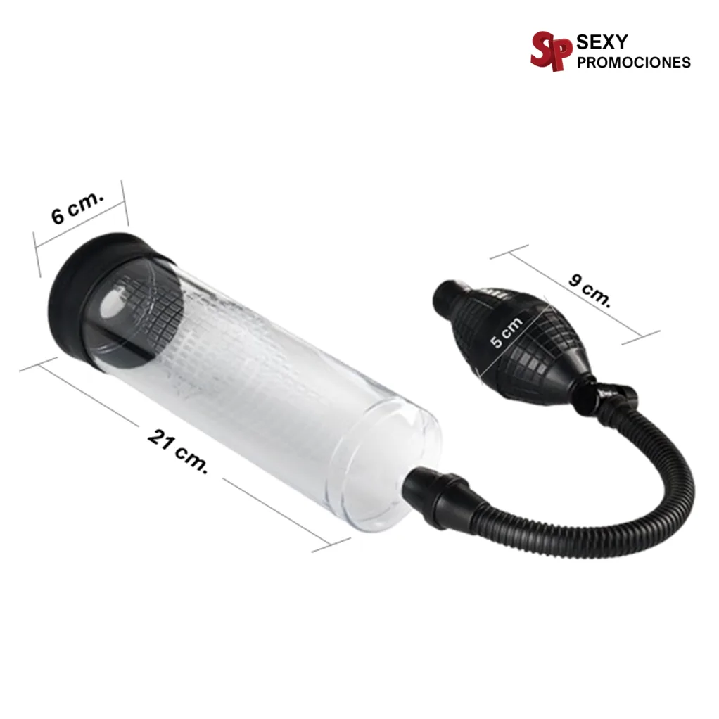 La imagen describe las medidas de una bomba para pene power up