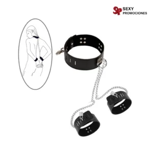 La imagen describe un collar fetiche con esposas y cadenas