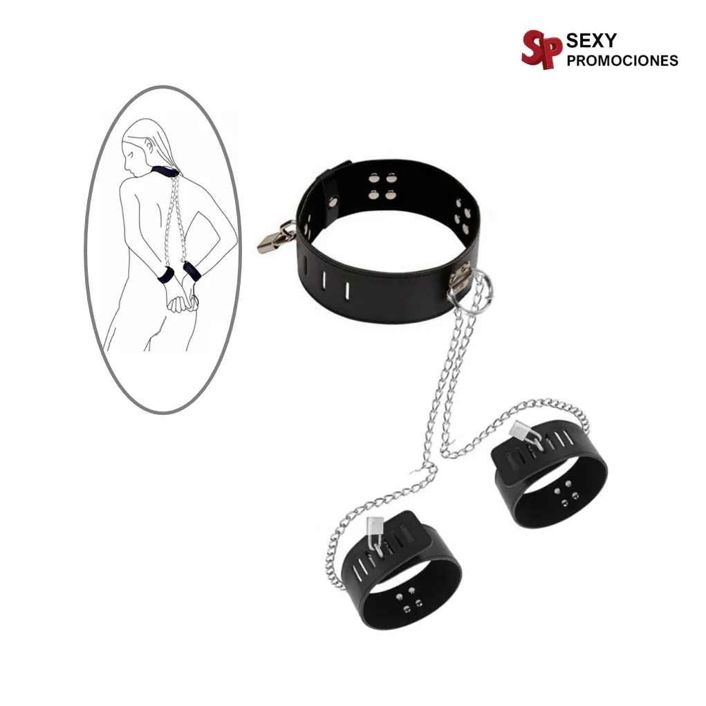 La imagen describe un collar fetiche con esposas y cadenas