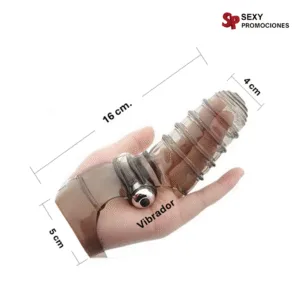 La imagen describe las medidas de una funda forro para mano estimuladora de clítoris