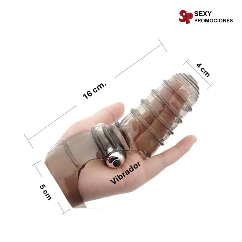 La imagen describe las medidas de una funda forro para mano estimuladora de clítoris