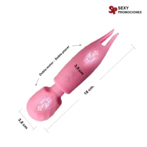 La imagen describe las medidas de un vibrador doble motor