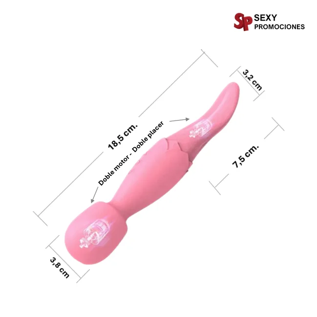 La imagen describe las medidas de un vibrador lengua doble función