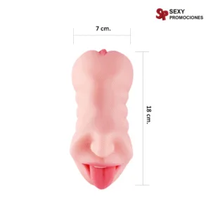La imagen describe las medidas de una vagina masturbadora 2 en 1 shandel