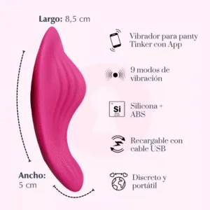 La imagen describe las funciones del vibrador para panty tinker