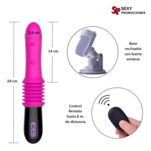 la imagen describe las medidas y las características de un vibrador telescópico sex machine arturo