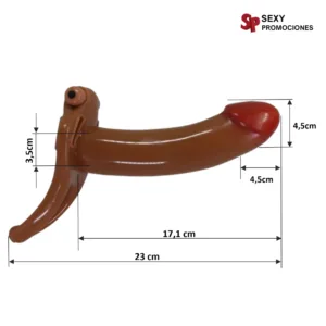 La imagen describe las medidas del arnes vibrador hueco bradden